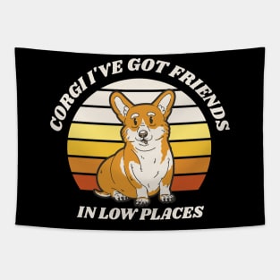 corgi dog on a retro sunset background and the quote "Corgi I've got friends in low places". Tapestry