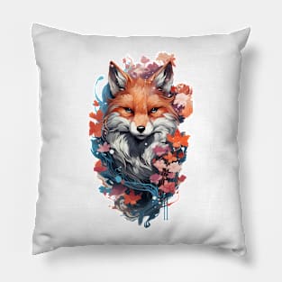 fox artwork with sakura flower Pillow