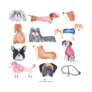 Doggie Assembly | Watercolour | Dogs | Pattern T-Shirt