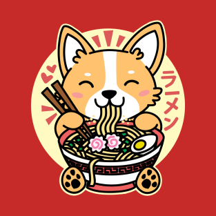 Corgi Eating Ramen Cute Kawaii Noodles T-Shirt