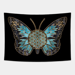 Flower of Life Butterfly - Blue Gemstone and gold Tapestry