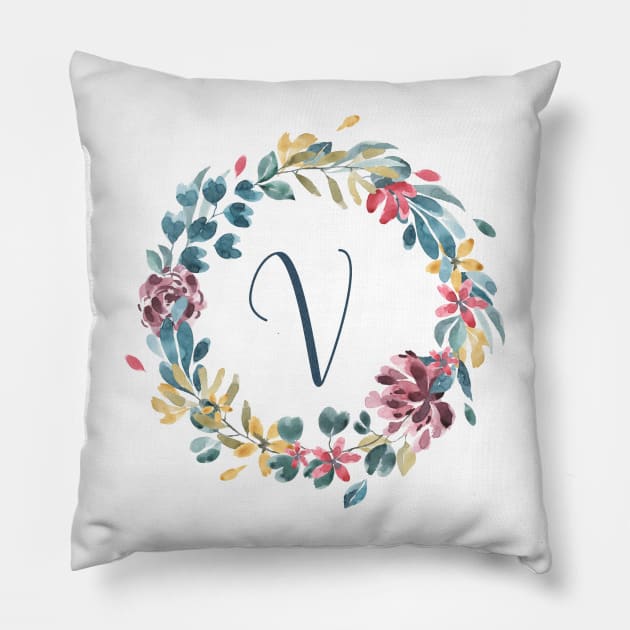 Floral Monogram V Colorful Full Blooms Pillow by floralmonogram