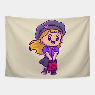 Cute Girl With Bag And Wearing Hat Cartoon Tapestry