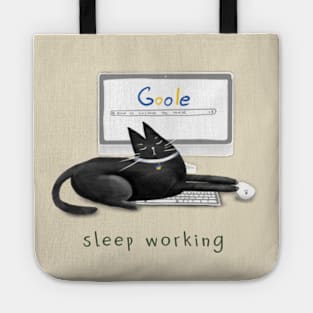 Cartoon black sleeping cat on a laptop and the inscription "Sleep working". Tote