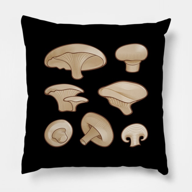 Woodcut Mushrooms Pillow by sifis