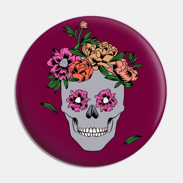 Womens Floral Skull Peony Flower Pin by okpinsArtDesign