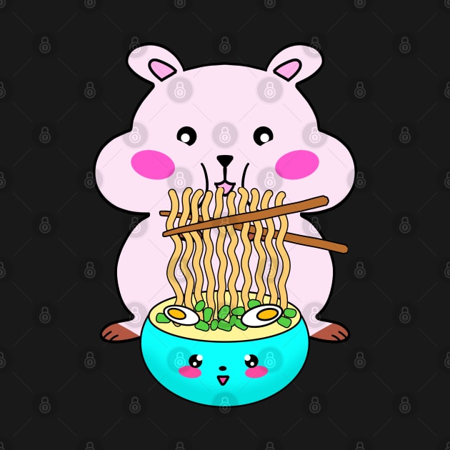 Cute funny happy Kawaii pink baby hamster eating yummy bowl of ramen noodles and chopsticks cartoon. Best comfort food. Gifts for Japanese cuisine lovers by IvyArtistic