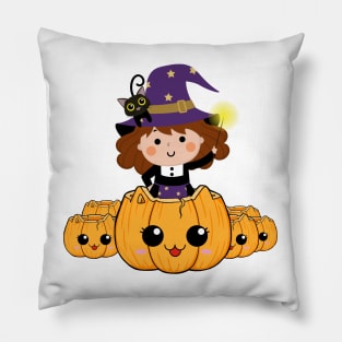 Cute little halloween witch with pumpkin and black cat Pillow