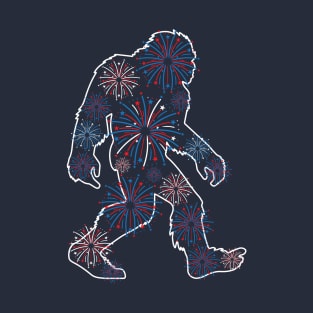 Patriotic Bigfoot Sasquatch Silhouette 4th of July Fireworks T-Shirt