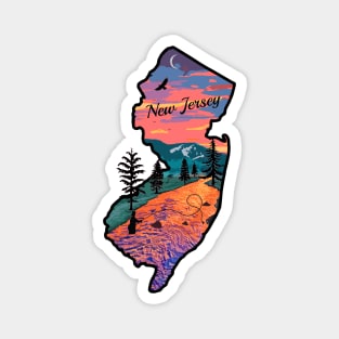 New Jersey State Map Mountain Sunset River Retro Magnet