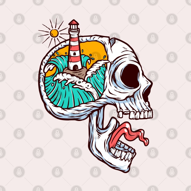 lighthouse and ocean in skull mind by sharukhdesign