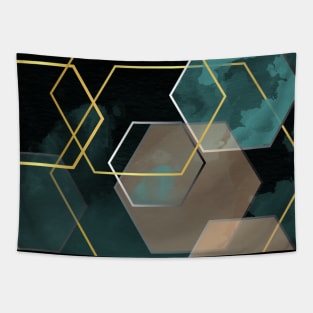 Blue watercolor and gold geometric hexagons Tapestry