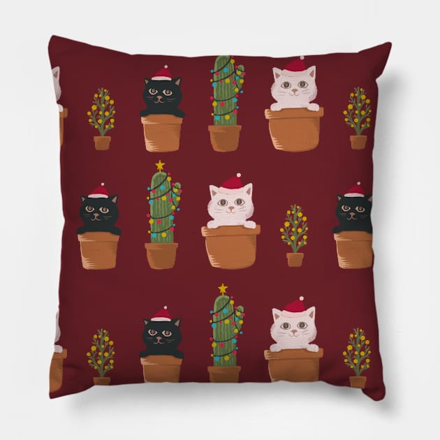 Cat and Plants Christmas tree cactus gifts Pillow by Chewbarber