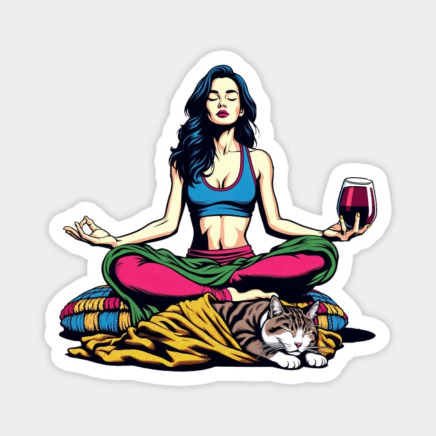 Woman Cat and Wine Meditation Magnet by Sideways Tees