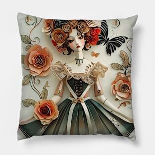 Cute Paper Doll With Fan Victorian Lace Dress Art Pillow