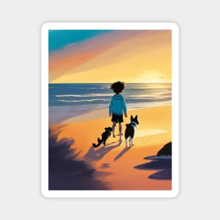 child playing with a dog on the beach. Magnet