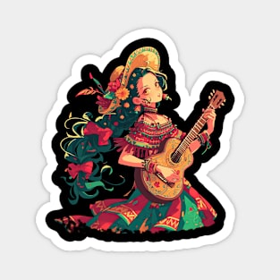 Cinco de mayo anime girls with sumbrero and guitar Magnet