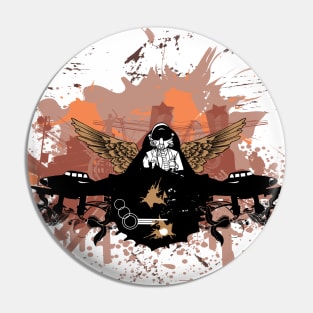 Graffiti layout, man wearing a gas mask and angel wings, splattered paint, dirty patterns, arrows, stars, geometric shapes and abstract decorations Pin