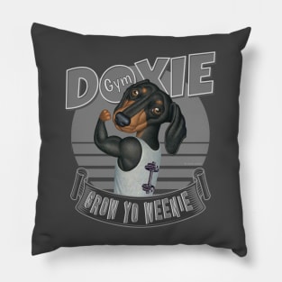 Fun Doxie in Doxie Gym to Grow Yo Weenie with silver trim Pillow