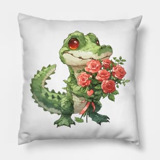 Valentine Crocodile Giving Flowers Pillow