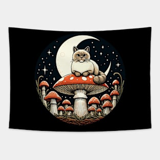 Funny Vintage White Cat in Mushroom Garden Tapestry