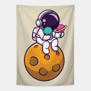 Cute Astronaut Holding Planet Ice Cream On The Planet Tapestry