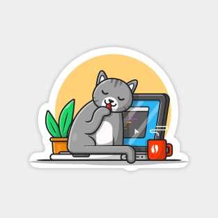 Cute Cat With Laptop Cartoon Vector Icon Illustration. Animal Technology Icon Concept Isolated Premium Vector Magnet