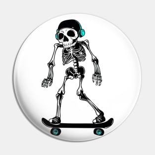 Funny skeleton skateboarder with headphones Pin