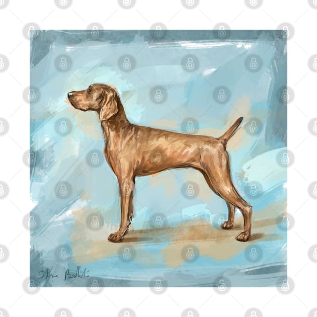 Painting of a Cute Weimaraner Standing and Looking to the Left. Blue Background by ibadishi