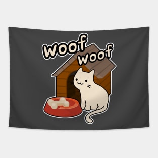 Woof Woof Cat Barking at a bone Funny Contradiction Cartoon Tapestry