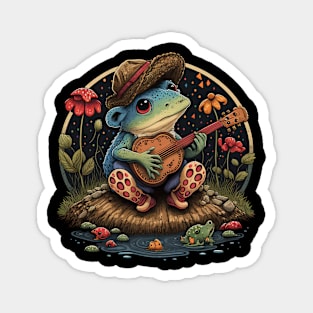 Cottagecore aesthetic cute frog playing ukelele on Mushroom Magnet