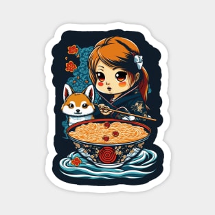 Cute kawaii girl with Shiba Inu dog loves ramen Magnet