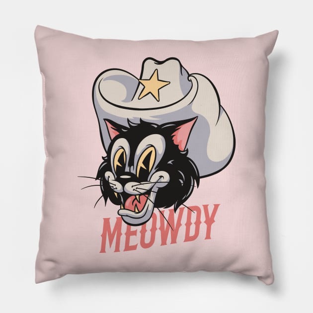 HOWDY MEOWDY | Retro Cartoon Cat Mascot Design Pillow by anycolordesigns
