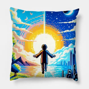 Digital Nature Equilibrium - Serene Pixel Art Landscape Pillow