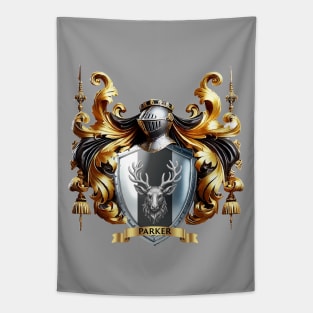 Parker Family Crest   Majestic Stags Head on Polished Silver and Black Shield` Tapestry