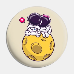 Cute Couple Astronaut Sitting On Moon Cartoon Pin