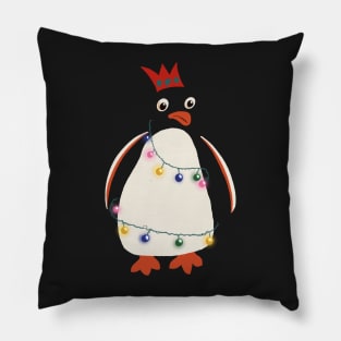 Funny Cartoon Christmas Penguin wrapped in Fairy Lights and Wearing Paper Xmas Hat Pillow