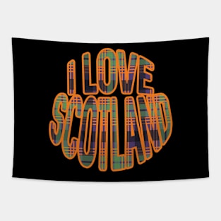 I LOVE SCOTLAND Purple, Orange and Green Tartan Colour Typography Design Tapestry
