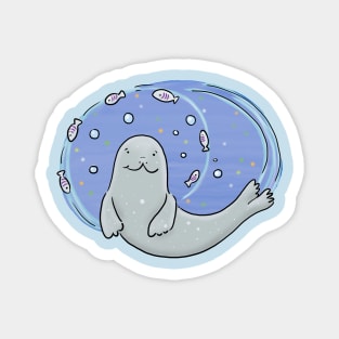 Cute happy seal and fish blue cartoon illustration Magnet