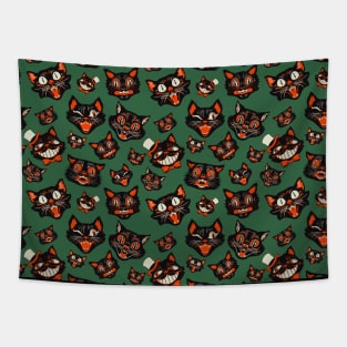 Retro Vintage Halloween Black Cat Faces Pattern - GREEN Tapestry