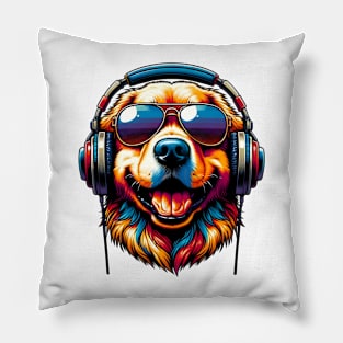 Golden Retriever Smiling DJ with Vibrant Sound Waves Pillow