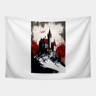 Ink Painting of A Castle On A Hill Tapestry