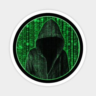 Hooded hacker in binary matrix rain Magnet