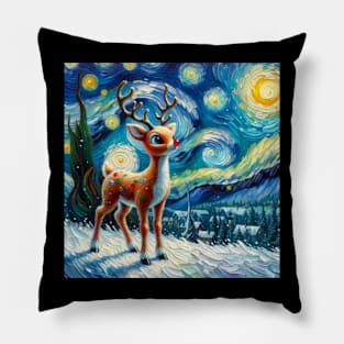 Guiding Starlight: Rudolph's Starry Night - Van Gogh-Inspired Reindeer Art Pillow