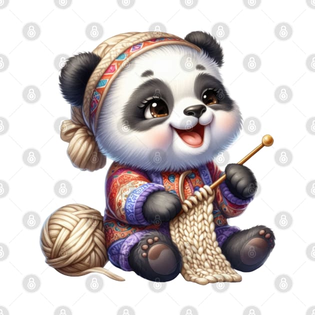 Panda Bear Knitting A Sweater by Chromatic Fusion Studio