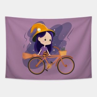 Cute Cartoon Witch Riding a Bicycle Tapestry