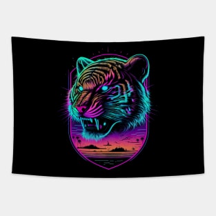 Retrowave Synthwave Tiger Head - 1980's Animal Print Tapestry
