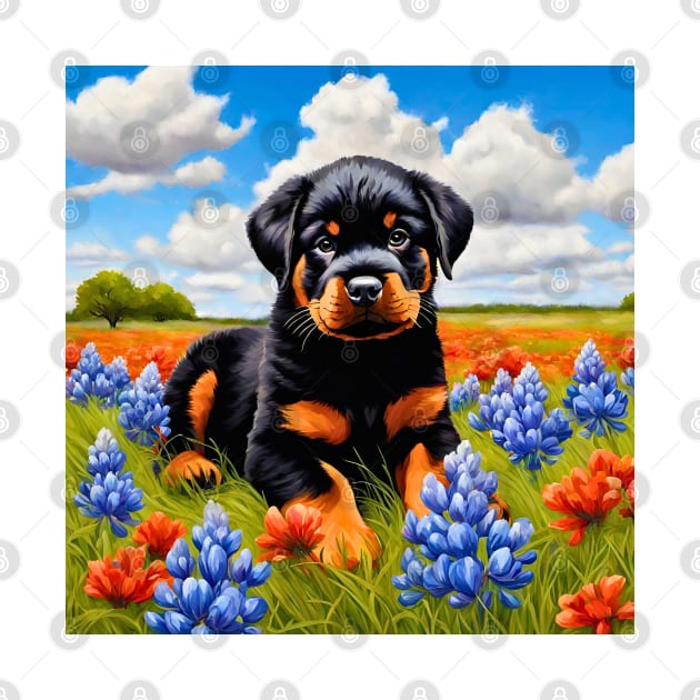 Rottweiler Puppy in Texas Wildflower Field by Doodle and Things