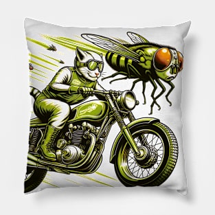 Biker Tabby Cat Riding Chopper Motorcycle Cicadas Pillow