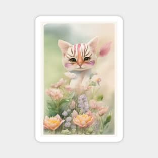 Cute Cat in the Flower Garden Soft Pastel Colors Magnet